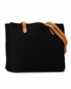 Tote Bags*Hermes Preloved Canvas Tote Bag with Flat Leather Strap and Interior Slip Black