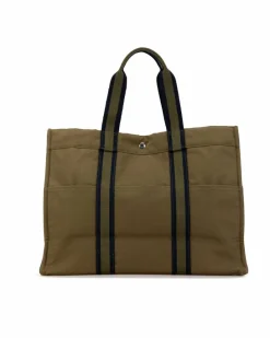 Tote Bags*Hermes Preloved Canvas Tote with Flat Straps Snap Closure and Multiple Brown