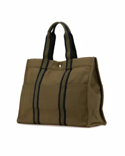 Tote Bags*Hermes Preloved Canvas Tote with Flat Straps Snap Closure and Multiple Brown