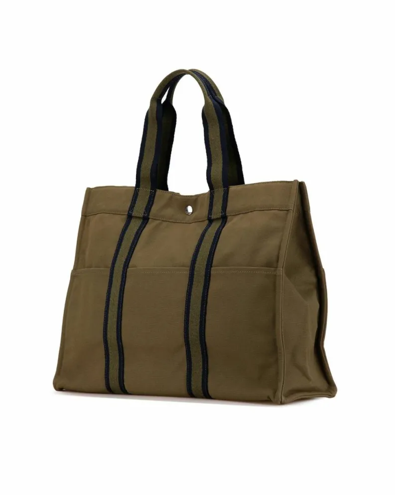 Tote Bags*Hermes Preloved Canvas Tote with Flat Straps Snap Closure and Multiple Brown