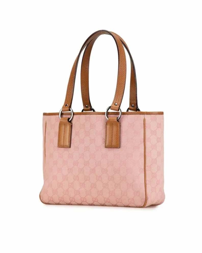 Tote Bags*Gucci Preloved Canvas Tote with Leather Trim and Open Top Pink
