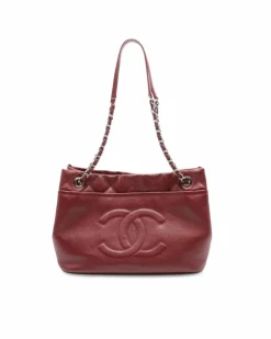 Tote Bags*Chanel Preloved Caviar Leather Tote with Chain Straps and Multiple Pockets Red