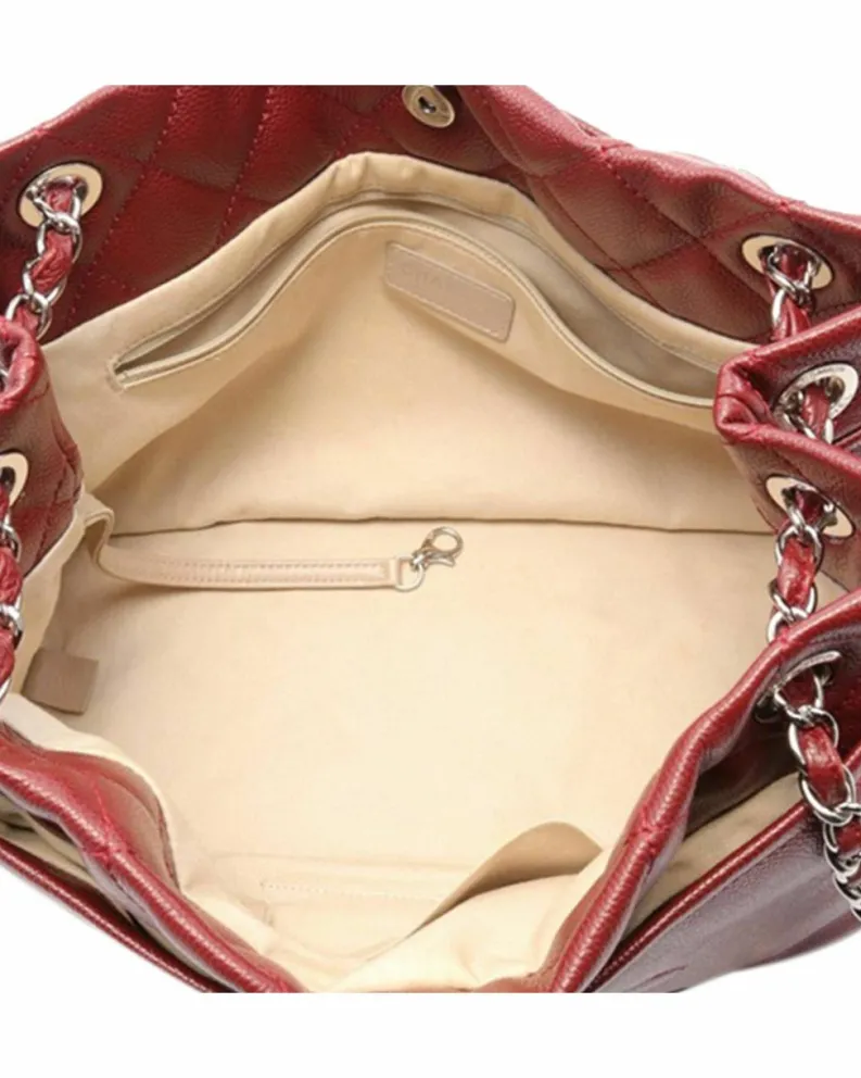 Tote Bags*Chanel Preloved Caviar Leather Tote with Chain Straps and Multiple Pockets Red