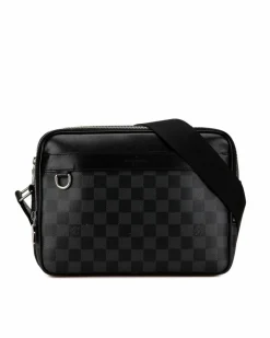 Shoulder Bags*Louis Vuitton Preloved Damier Canvas Shoulder Bag with Leather Trim and Multiple Black