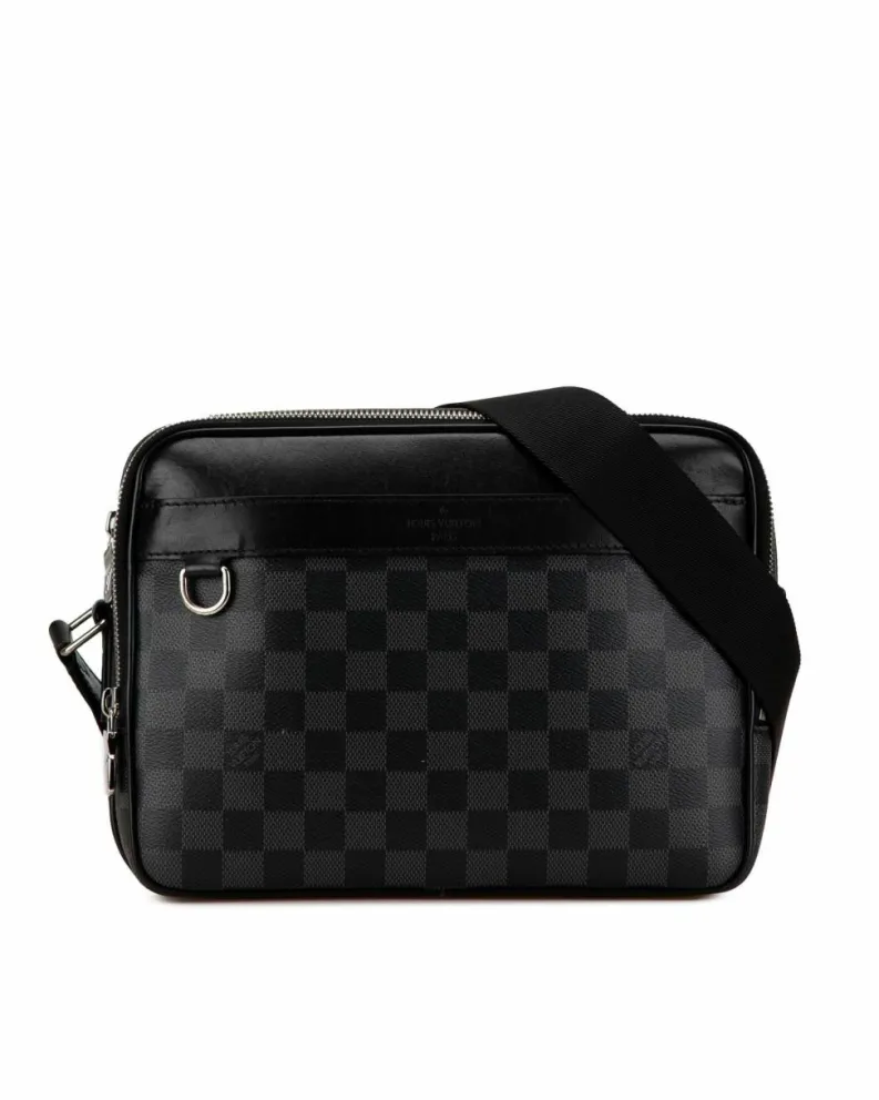 Shoulder Bags*Louis Vuitton Preloved Damier Canvas Shoulder Bag with Leather Trim and Multiple Black