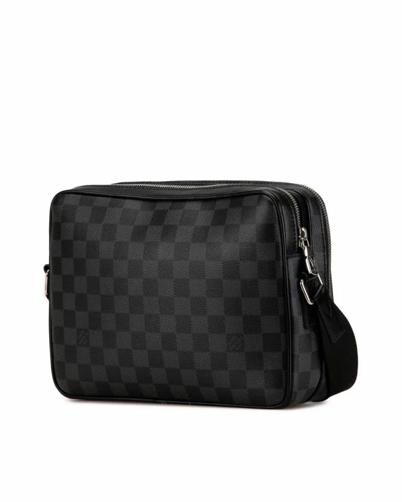 Shoulder Bags*Louis Vuitton Preloved Damier Canvas Shoulder Bag with Leather Trim and Multiple Black
