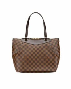 Tote Bags*Louis Vuitton Preloved Damier Canvas Tote with Leather Trim and Flat Straps Brown