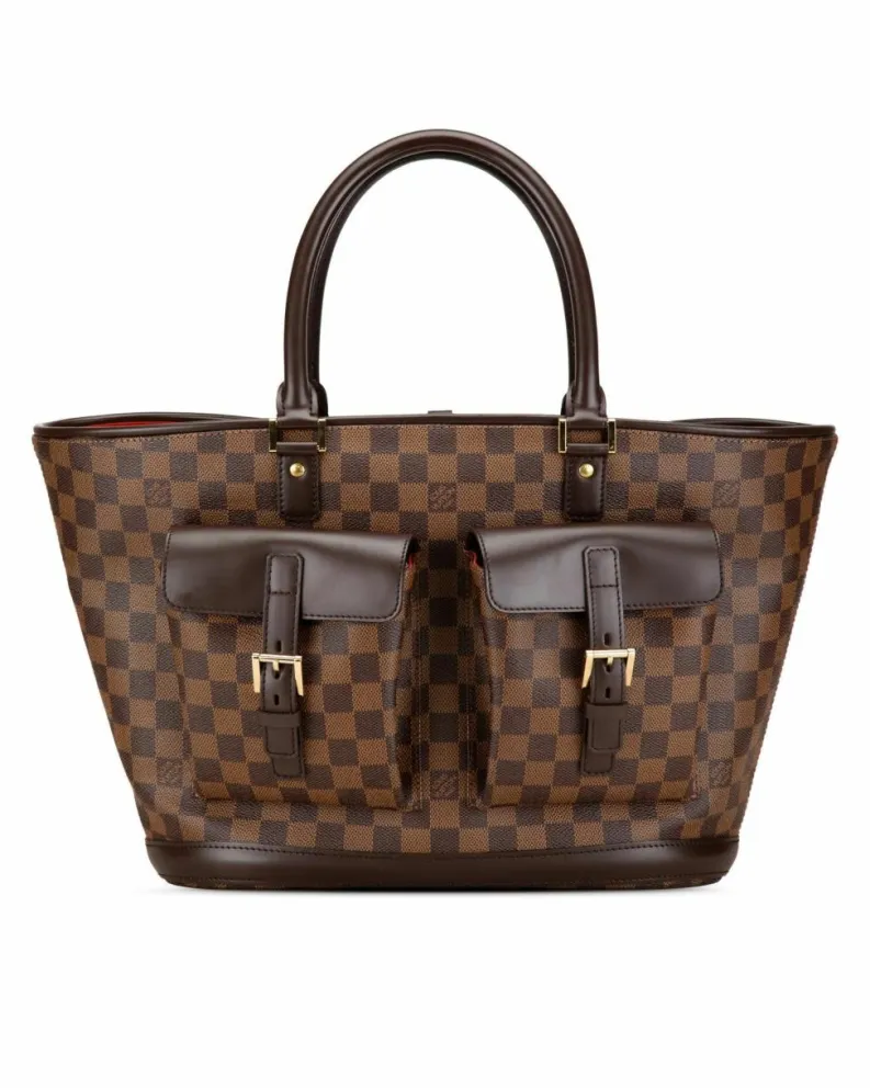 Tote Bags*Louis Vuitton Preloved Damier Canvas Tote with Leather Handles and Front Flap Brown