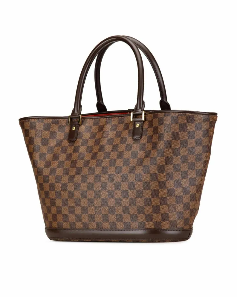 Tote Bags*Louis Vuitton Preloved Damier Canvas Tote with Leather Handles and Front Flap Brown