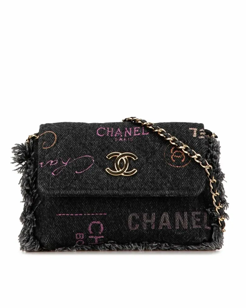 Clutch Bags*Chanel Preloved Denim Clutch with Leather Woven Chain Strap Black