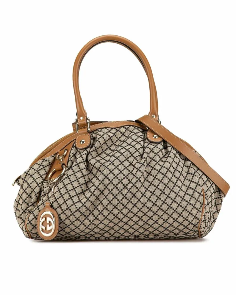 Shoulder Bags*Gucci Preloved Diamante Canvas Satchel with Leather Trim and Detachable Brown