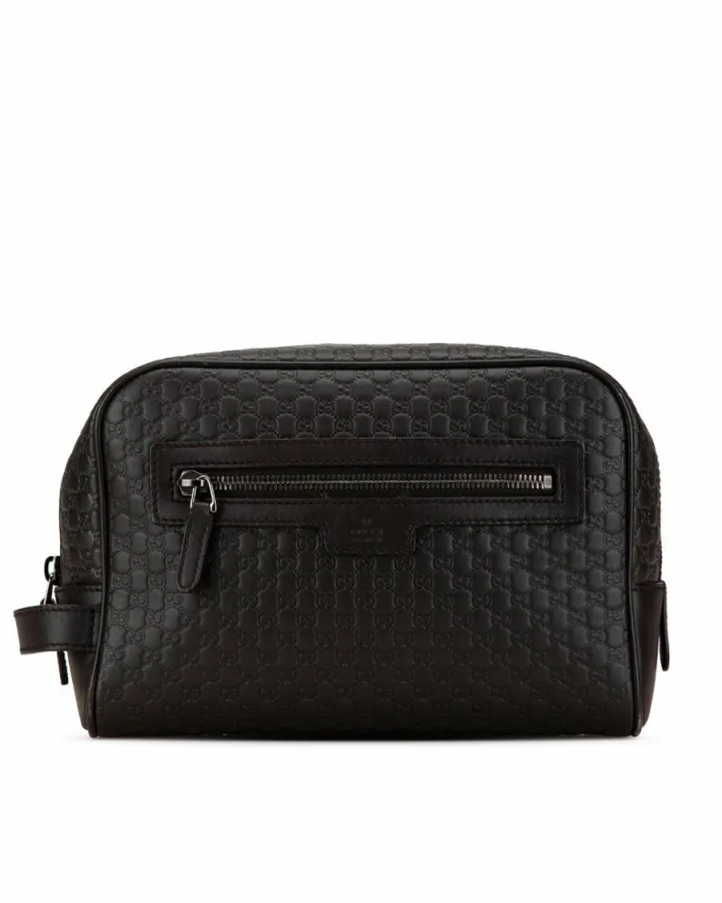 Clutch Bags*Gucci Preloved Embossed Leather Clutch Bag with Zip Pockets and Flat Side Brown
