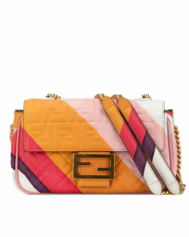 Shoulder Bags*Fendi Preloved Embossed Leather Chain Shoulder Bag with Flap Closure Pink