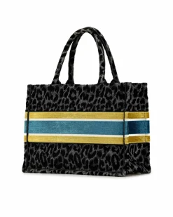 Tote Bags*Dior Preloved Embroidered Canvas Leopard Print Tote Bag Black