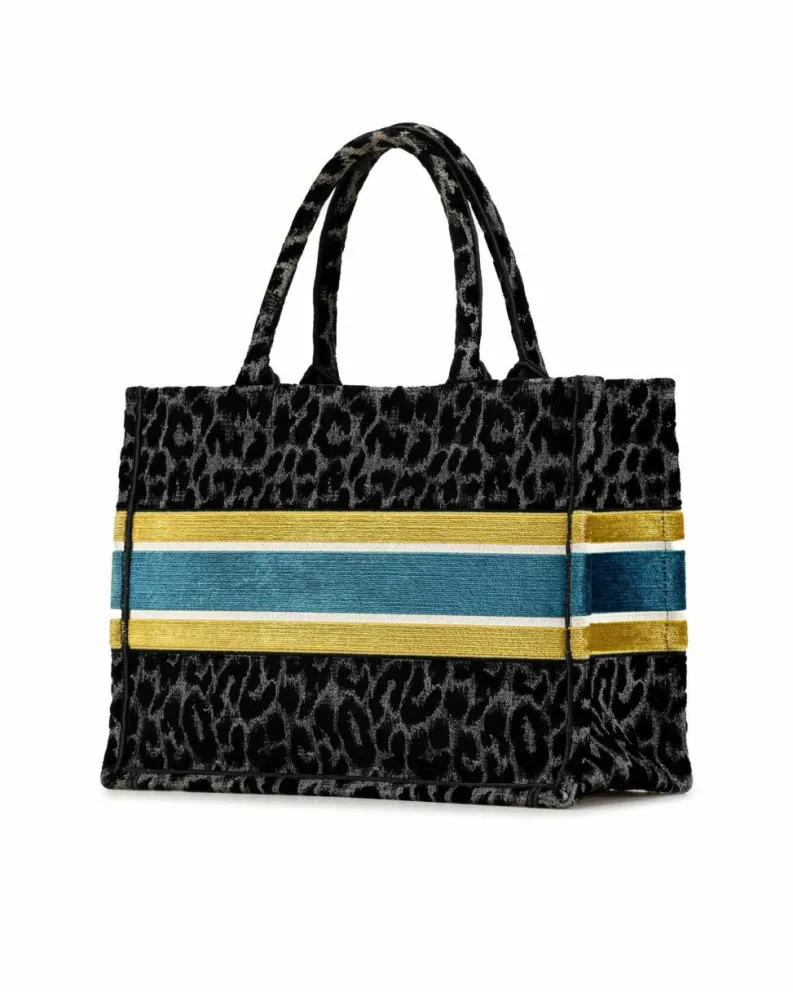 Tote Bags*Dior Preloved Embroidered Canvas Leopard Print Tote Bag Black