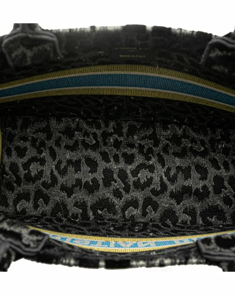 Tote Bags*Dior Preloved Embroidered Canvas Leopard Print Tote Bag Black