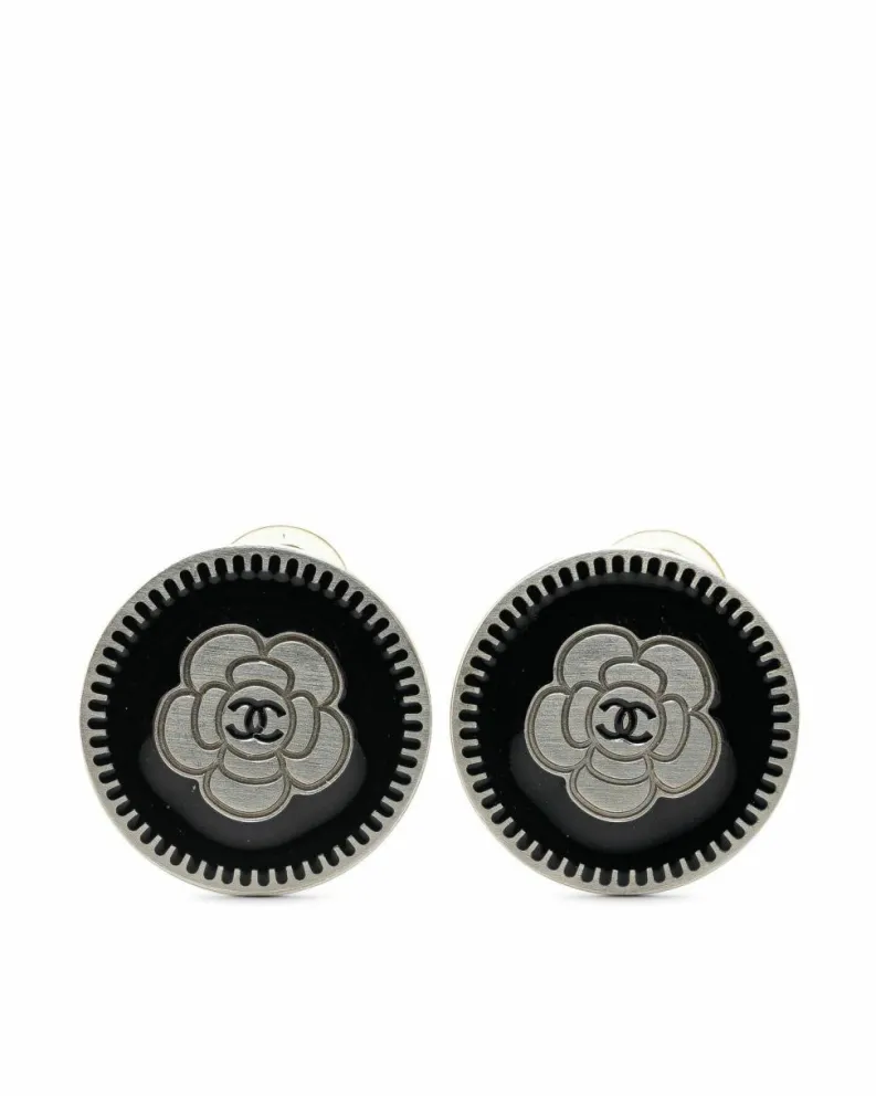 Earrings*Chanel Preloved Enamel Camellia Clip-On Earrings with Silver Plating Black