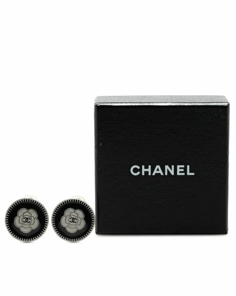 Earrings*Chanel Preloved Enamel Camellia Clip-On Earrings with Silver Plating Black