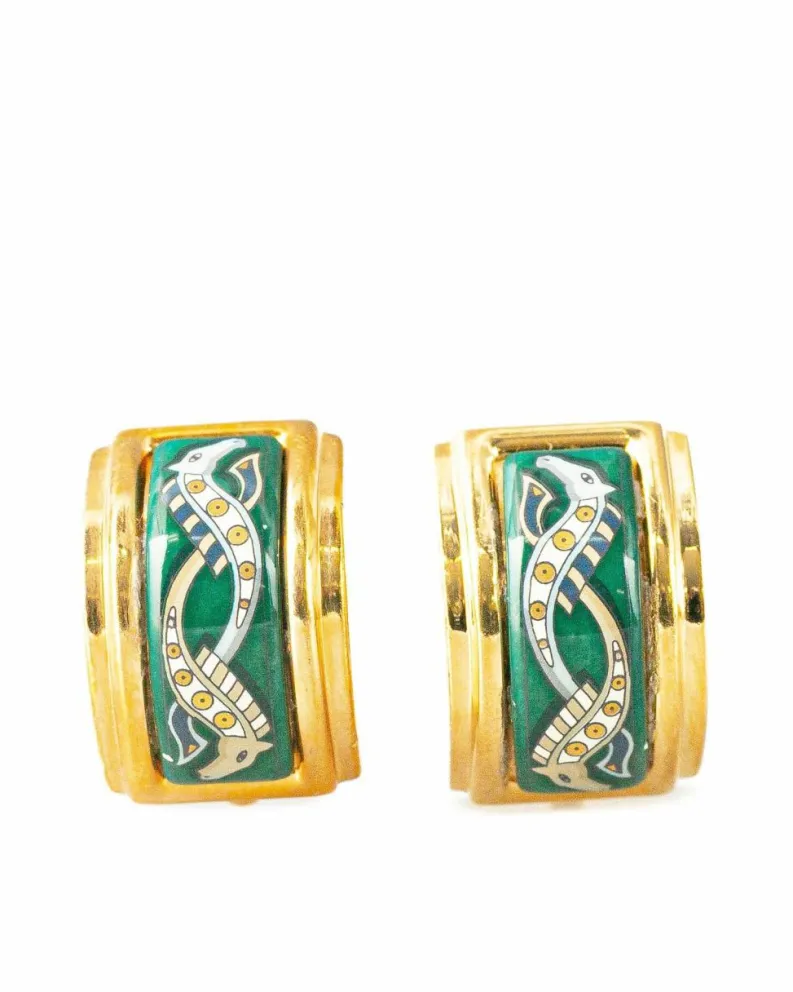 Earrings*Hermes Preloved Enamel Cloisonne Gold-Plated Clip-On Earrings Green