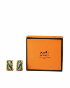 Earrings*Hermes Preloved Enamel Cloisonne Gold-Plated Clip-On Earrings Green