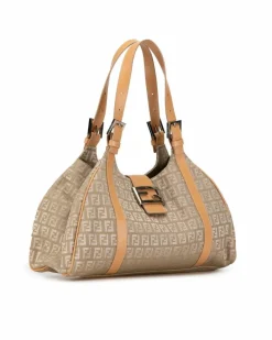 Shoulder Bags*Fendi Preloved FF Canvas Shoulder Bag Beige Brown