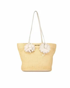Tote Bags*Miu Miu Preloved Floral Embellished Straw Tote with Leather Trim Brown