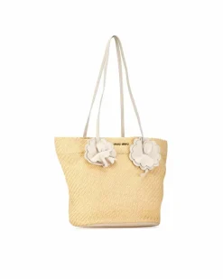 Tote Bags*Miu Miu Preloved Floral Embellished Straw Tote with Leather Trim Brown