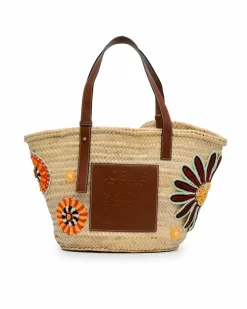 Tote Bags*LOEWE Preloved Floral Embroidered Raffia Basket Tote with Leather Straps Brown