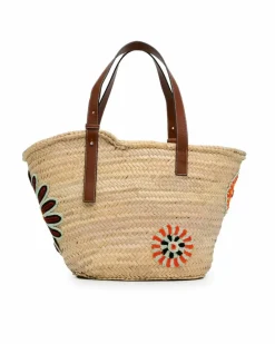 Tote Bags*LOEWE Preloved Floral Embroidered Raffia Basket Tote with Leather Straps Brown