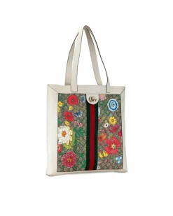 Tote Bags*Gucci Preloved GG Supreme Flora Ophidia Tote with Leather Trim White