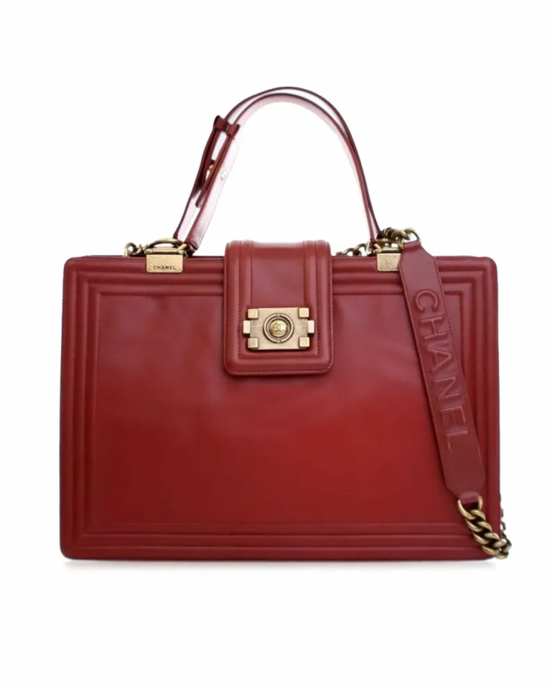 Shoulder Bags*Chanel Preloved Glazed Calfskin Reverso Satchel with Chain Link Shoulder Red