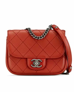 Cross-Body Bags*Chanel Preloved Goatskin Leather Wild Stitch Flap Crossbody with Chain Strap Red