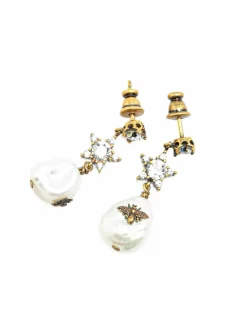 Earrings*Dior Preloved Plated Crystal Star Bee Faux Pearl Drop Earrings Gold