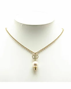 Necklaces*Gucci Preloved Plated Faux Pearl Drop Pendant Necklace Gold