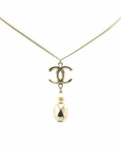 Necklaces*Chanel Preloved Plated Faux Pearl Pendant Necklace Gold
