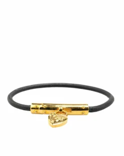 Bracelets*Hermes Preloved Plated Heart Charm Bracelet with Leather Strap Gold