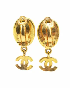 Earrings*Chanel Preloved Plated Oval Mother of Pearl Drop Clip On Earrings Gold