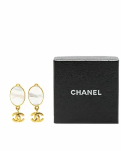 Earrings*Chanel Preloved Plated Oval Mother of Pearl Drop Clip On Earrings Gold