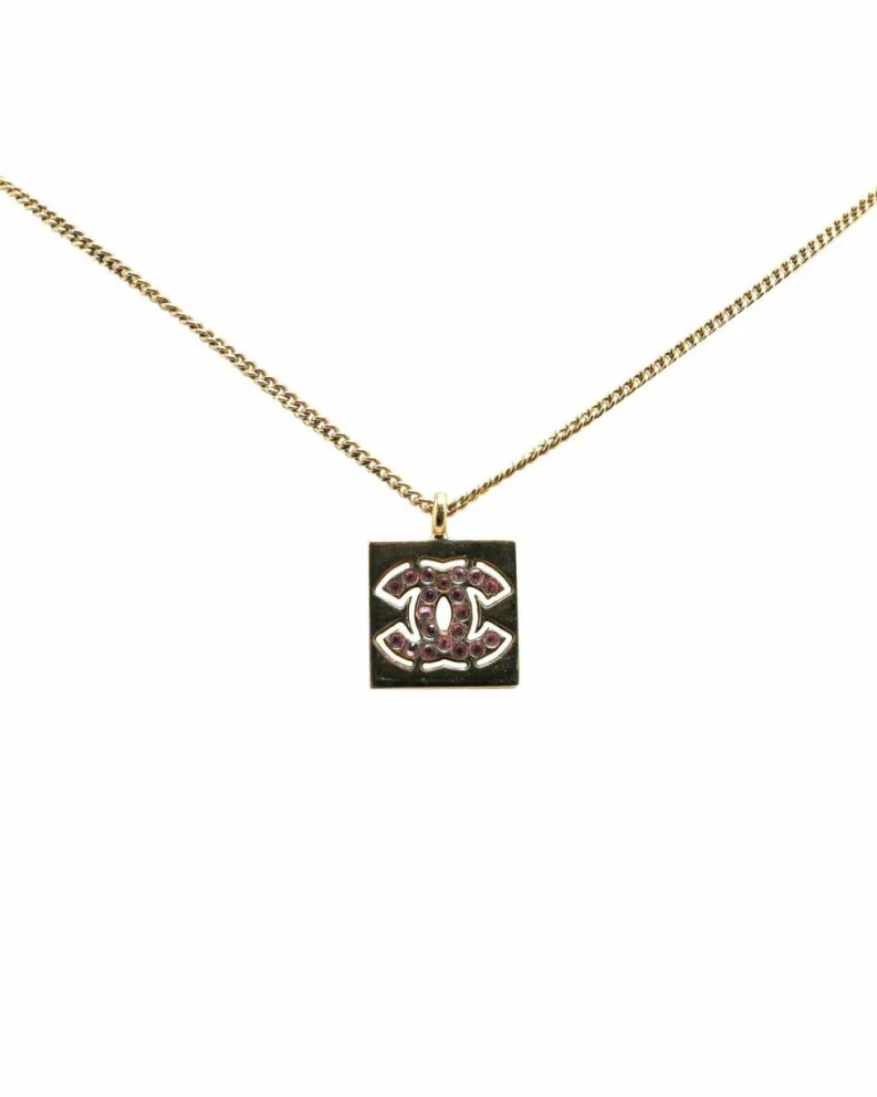 Necklaces*Chanel Preloved Plated Rhinestone Pendant Necklace with Chain Gold