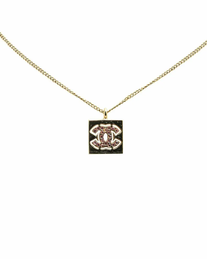 Necklaces*Chanel Preloved Plated Rhinestone Square Pendant Necklace Gold