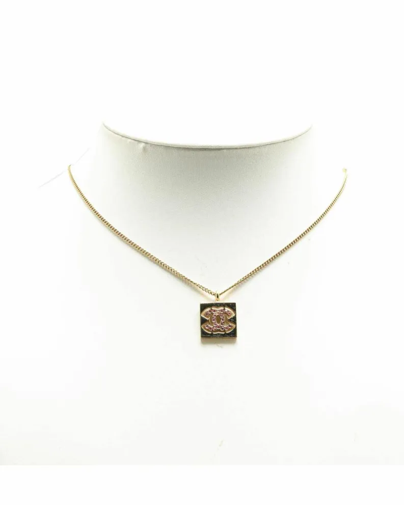 Necklaces*Chanel Preloved Plated Rhinestone Square Pendant Necklace Gold