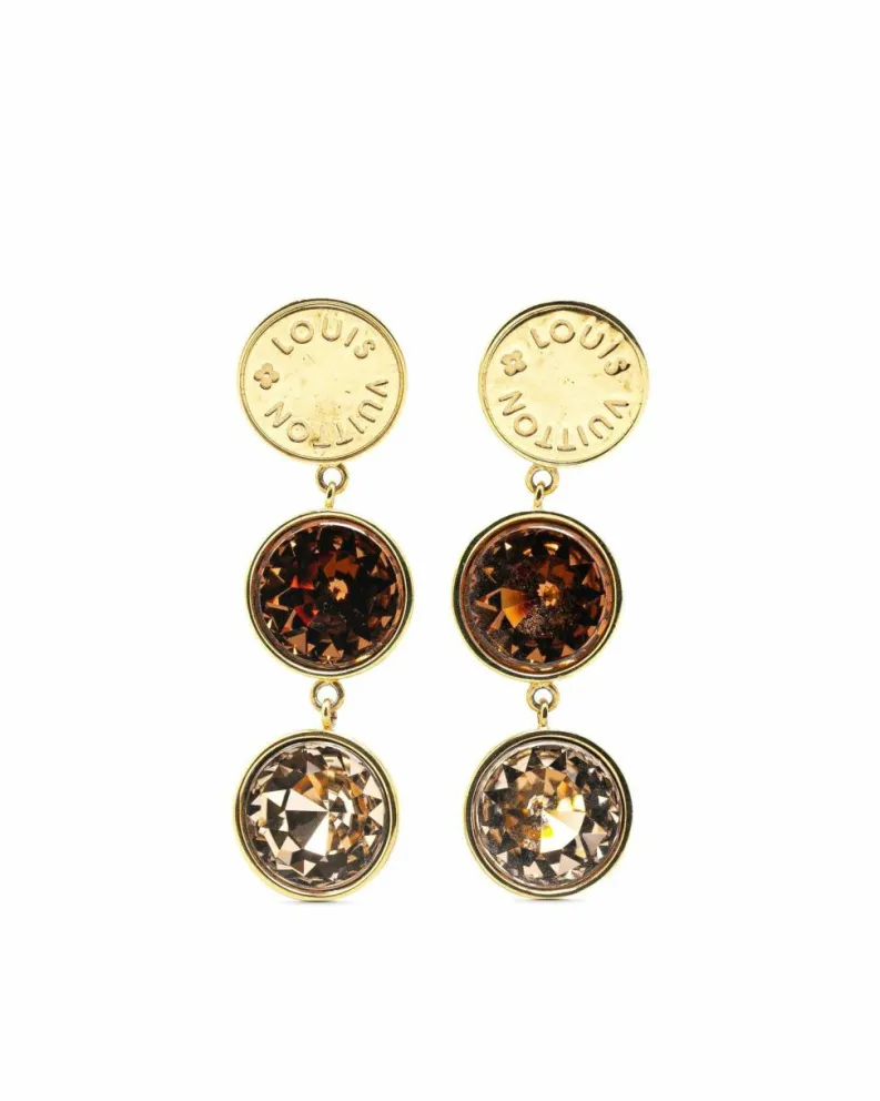 Earrings*Louis Vuitton Preloved Plated Swarovski Crystal Drop Earrings Gold