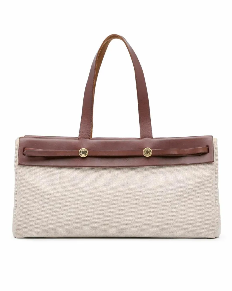 Tote Bags*Hermes Preloved Herbag Cabas Canvas Tote with Leather Straps and Brown