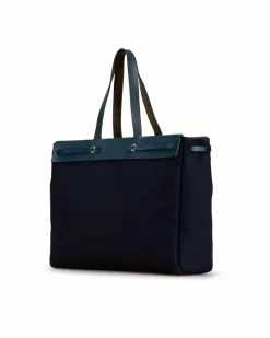 Tote Bags*Hermes Preloved Herbag Cabas Tote Bag with Leather Details and Magnetic Blue