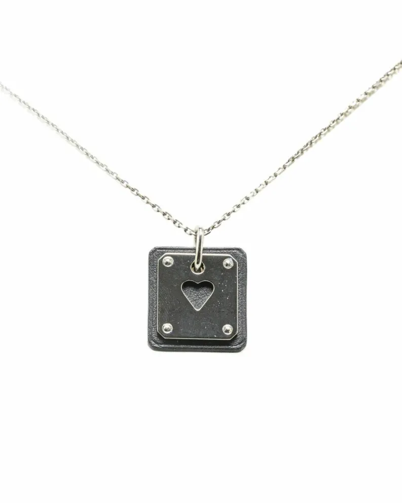 Necklaces*Hermes Preloved Herms Chaine dAncre Heart Pendant Necklace in Black Leather Silver