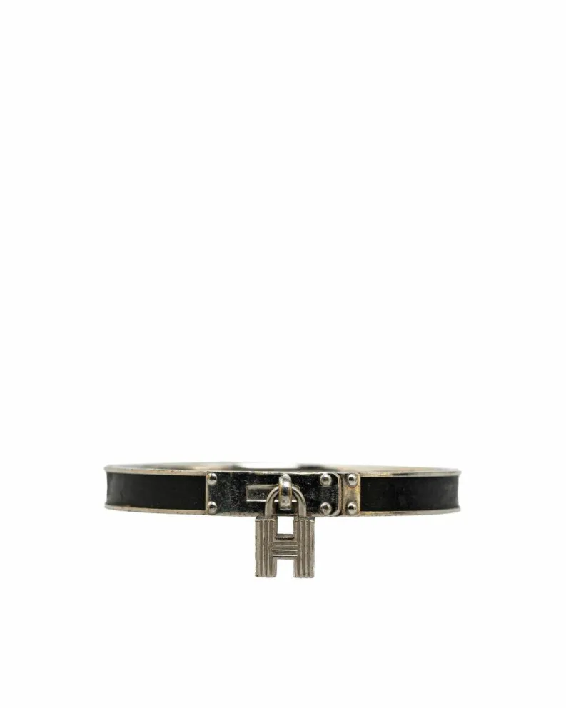 Bracelets*Hermes Preloved Herms Clic Clac H Leather Bracelet with Palladium Lock Black