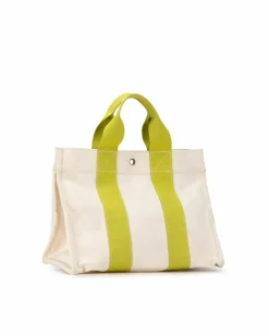 Tote Bags*Hermes Preloved Herms Canvas Tote Bag with Lime Green Straps White