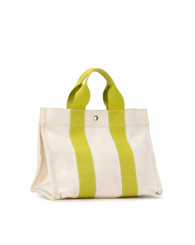 Tote Bags*Hermes Preloved Herms Canvas Tote Bag with Lime Green Straps White