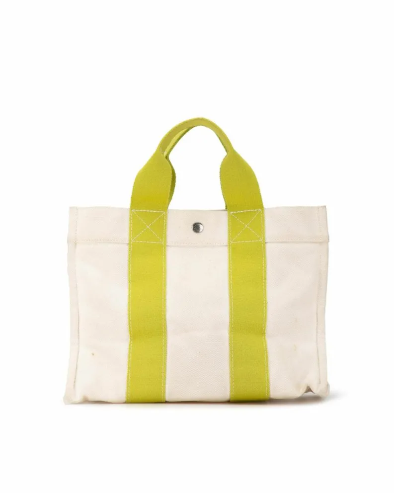 Tote Bags*Hermes Preloved Herms Canvas Tote Bag with Lime Green Straps White
