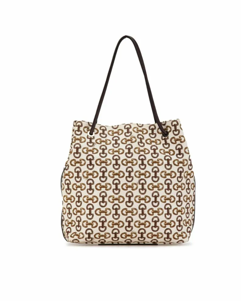 Tote Bags*Gucci Preloved Horsebit 1955 Tote Bag BeigeBrown White